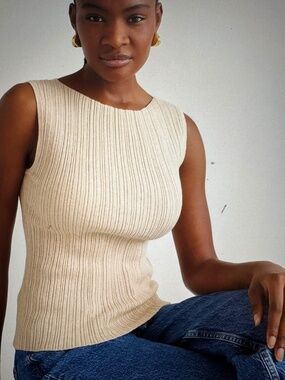 Quince Cotton Cashmere Ribbed Tank. Size S  Color - Heather Oatmeal